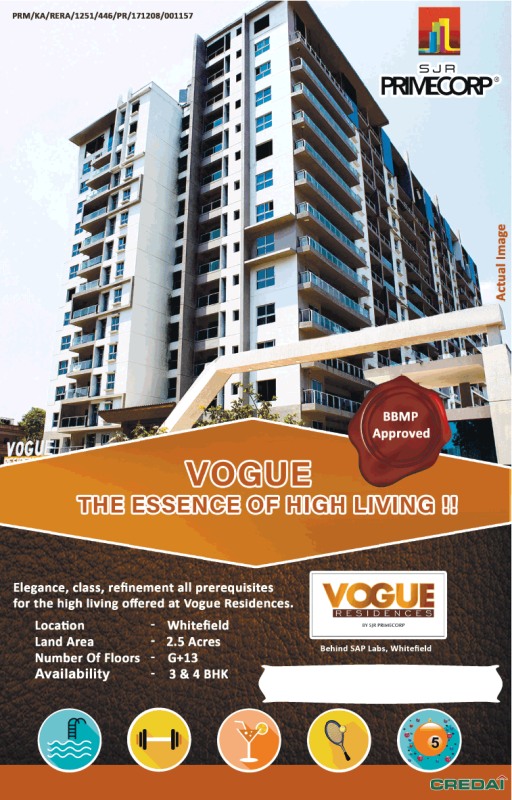 Presenting 3 and 4 BHK at SJR Vogue Residences, Bangalore Update